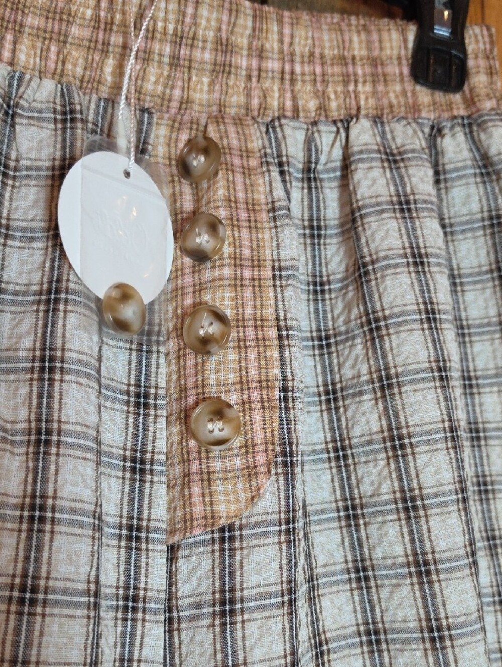207p Oddi Plaid Ruffle Hem Pants - Cream Brown - Picture 5 of 16